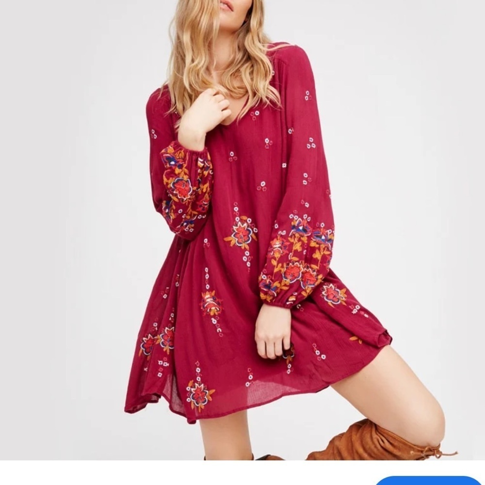 Free People Tunic Dress Boho Embroidered Lined Burgundy Oversized Pockets Sz M - Picture 2 of 15